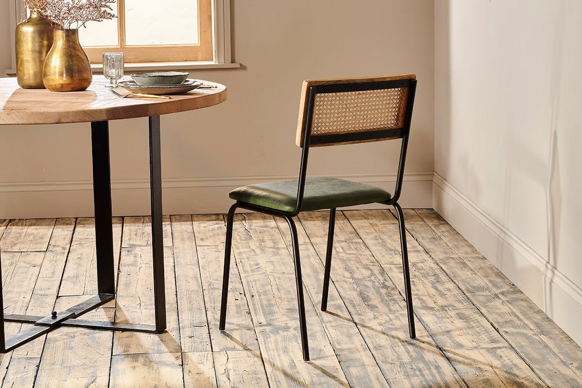 Iswa Leather & Cane Dining Chair - Green