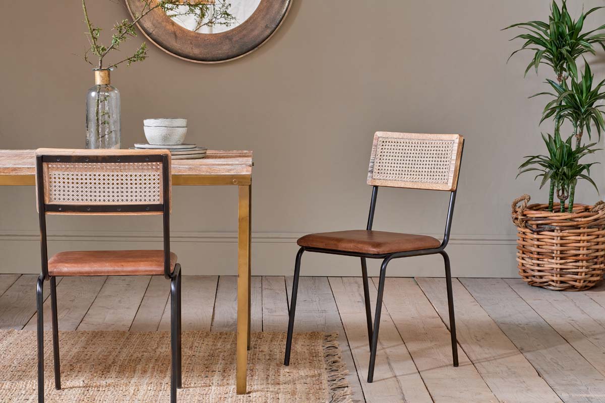 Iswa Leather & Cane Dining Chair - Tan