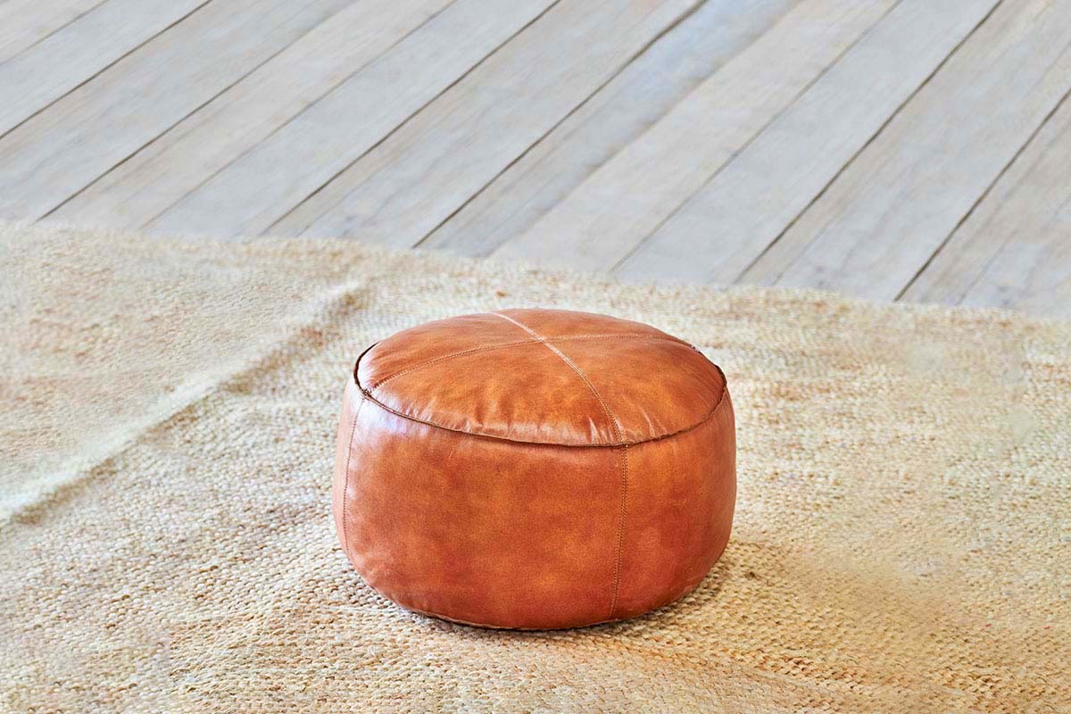 Nadu Leather Pouf - Aged Tan